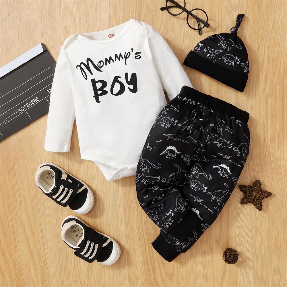 3PCS Mommy's Boy Letter Dinosaur Print Long Sleeve Baby Set