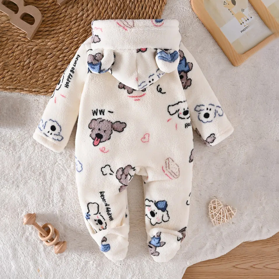 Soft Flannel Cartoon Puppy Printed Long Sleeve Baby Jumpsuit
