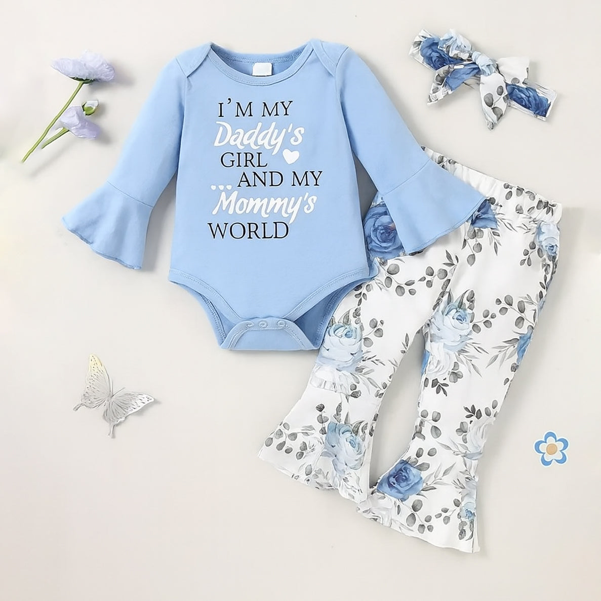 3PCS I'm My Daddy's Girl and My Mommy's World Letter Floral Print Baby Set
