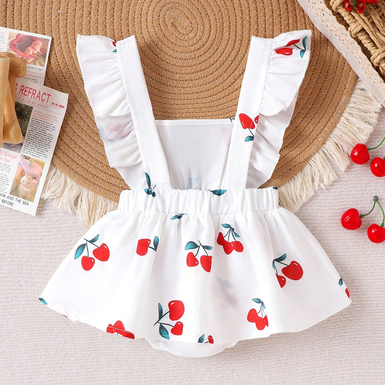 Sweet Cherry Printed Bowknot Flounce Sleeve Baby Romper