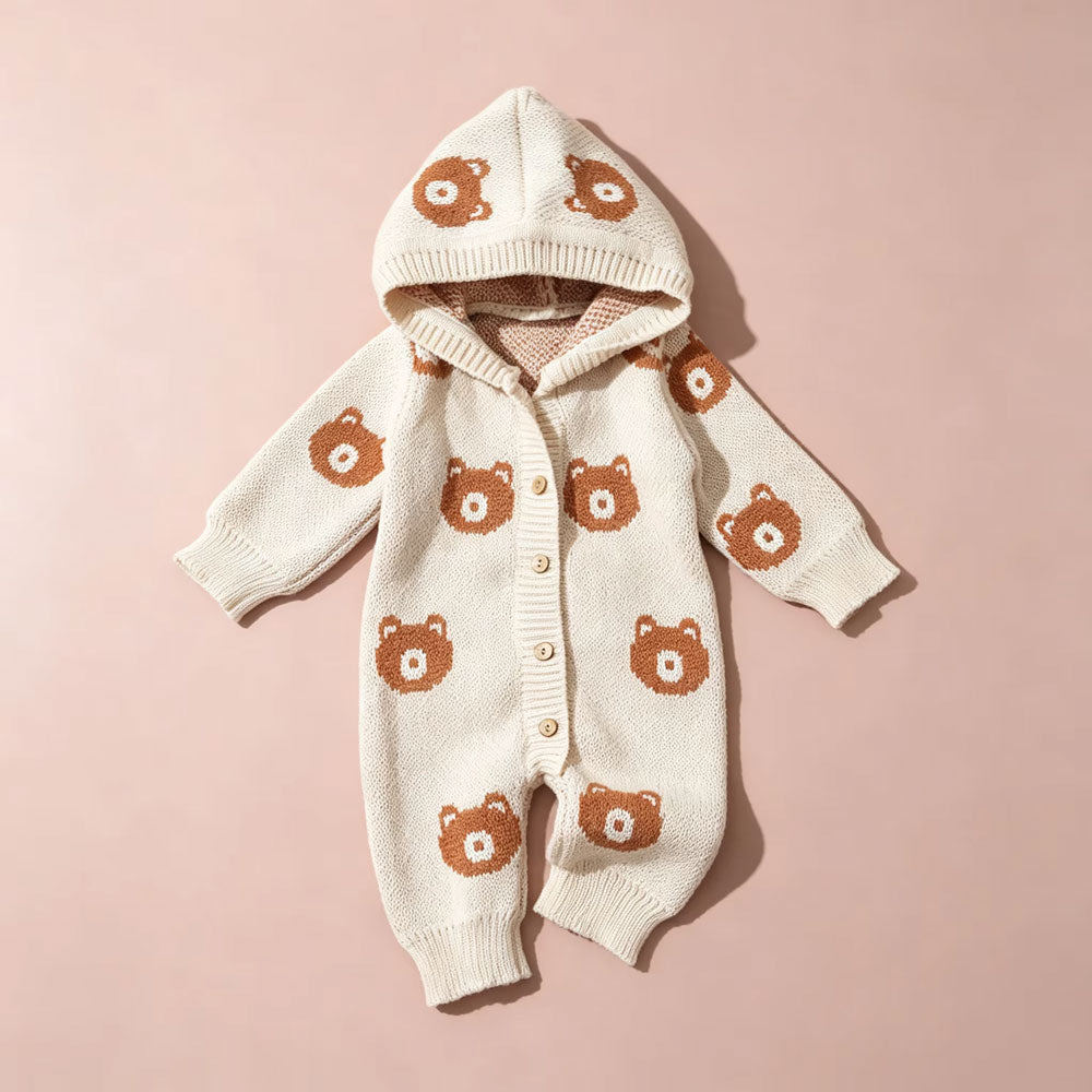 Cozy Bear Printed Hoodie Long Sleeve Knit Baby Jumpsuit