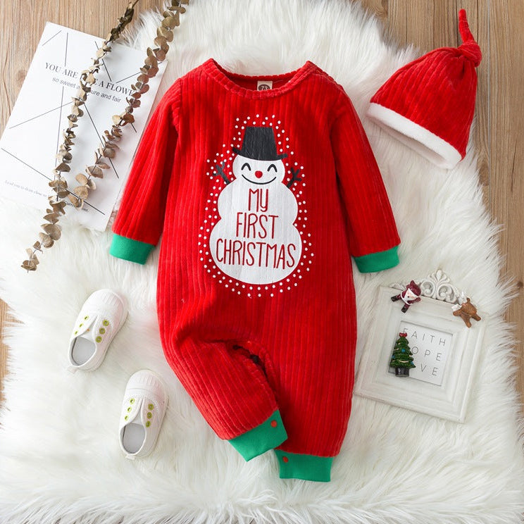 2PCS My First Christmas Letter Snowman Print Jumpsuit