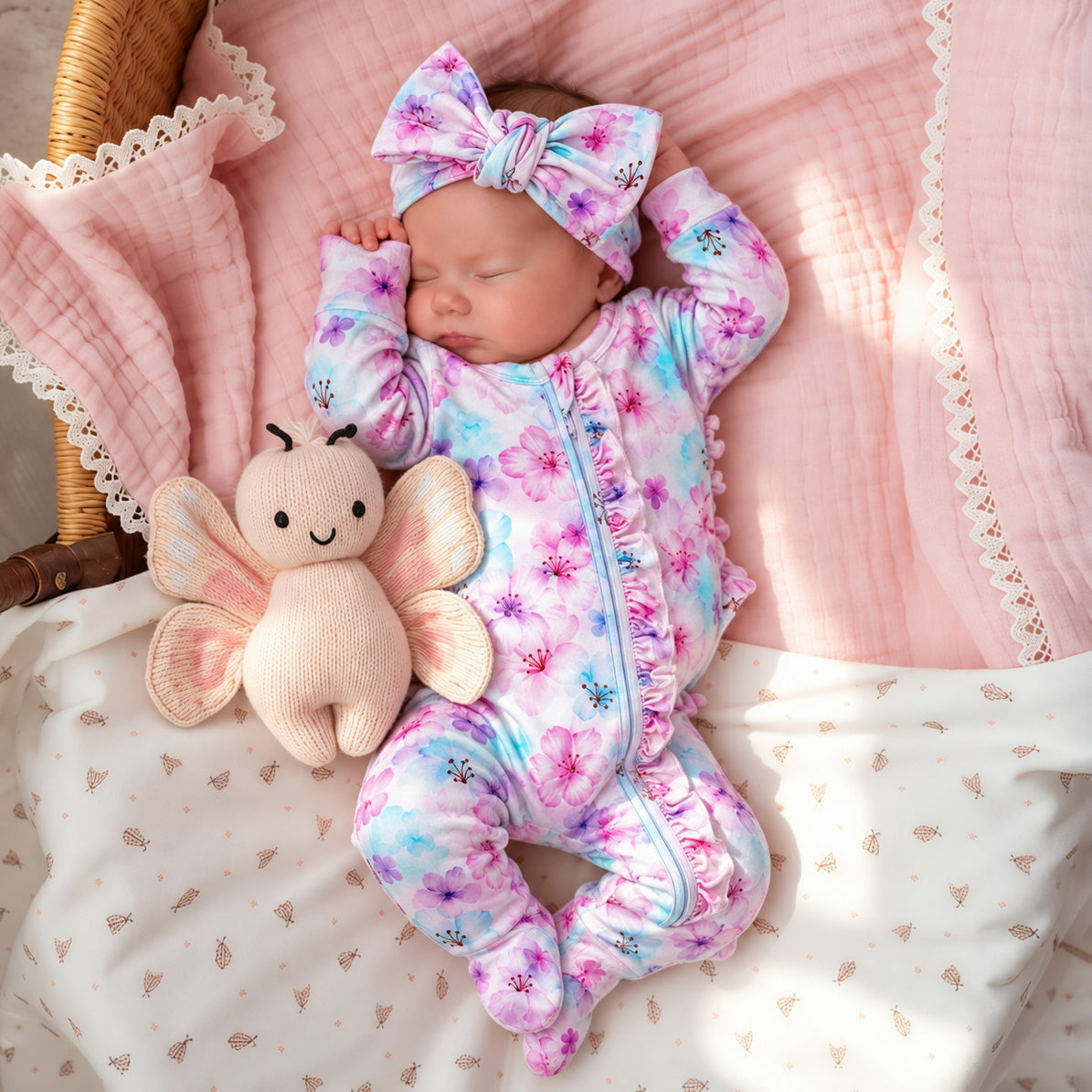 2PCS Radiant Floral Print Zipper Long Sleeve Baby Girl Jumpsuit