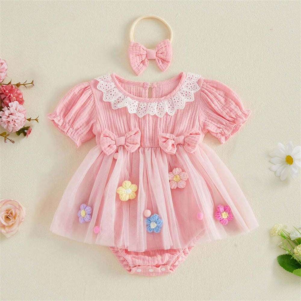 2PCS Sweet Floral Embroidery Short Sleeve Tulle Baby Romper