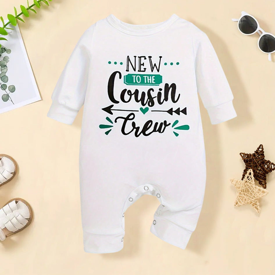 New To The Cousin Crew Letter Print Long Sleeve Baby Jumpsuit