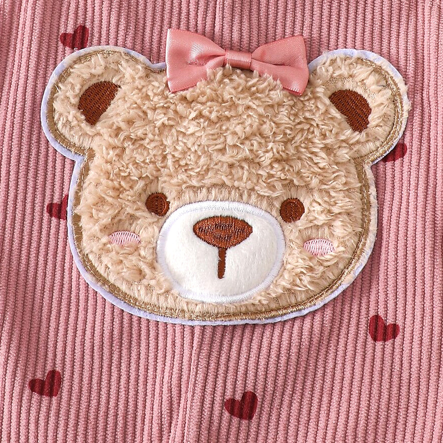 2PCS Bear Applique Heart Print Long Sleeve Corduroy Baby Overalls Set