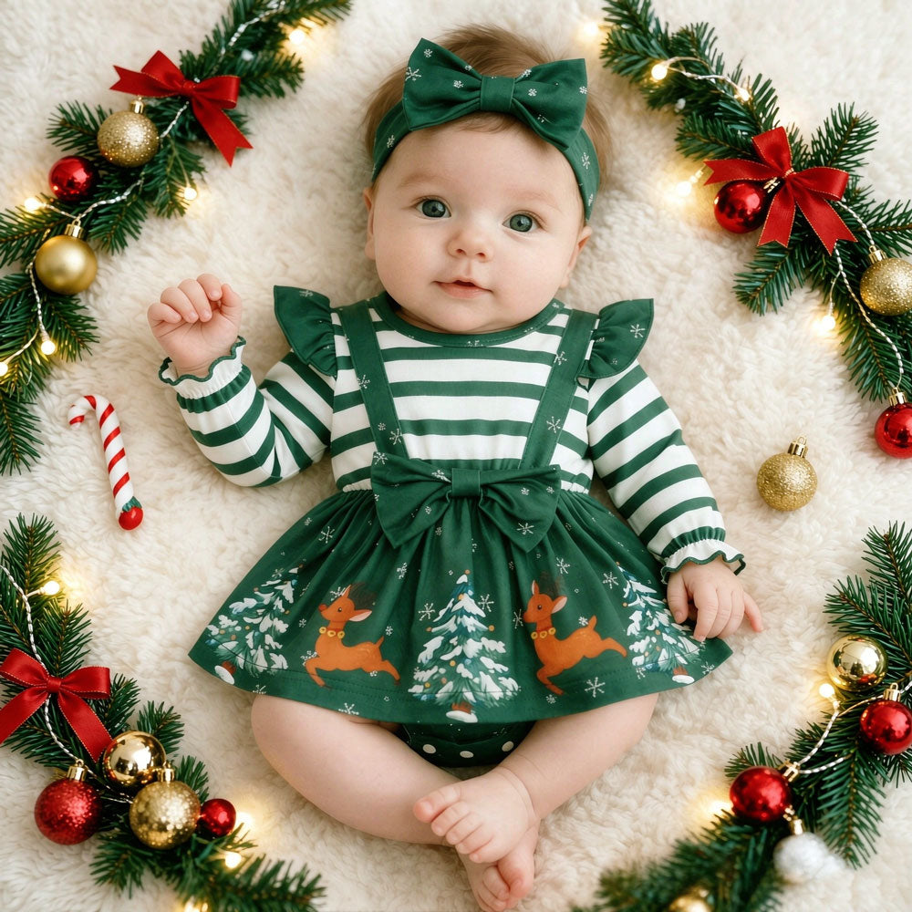2PCS Christmas Tree Elk Stripe Printed Long Sleeve Baby Romper