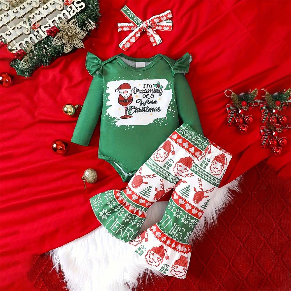 3PCS I'm Dreaming of A Wine Christmas Letter Print Baby Set