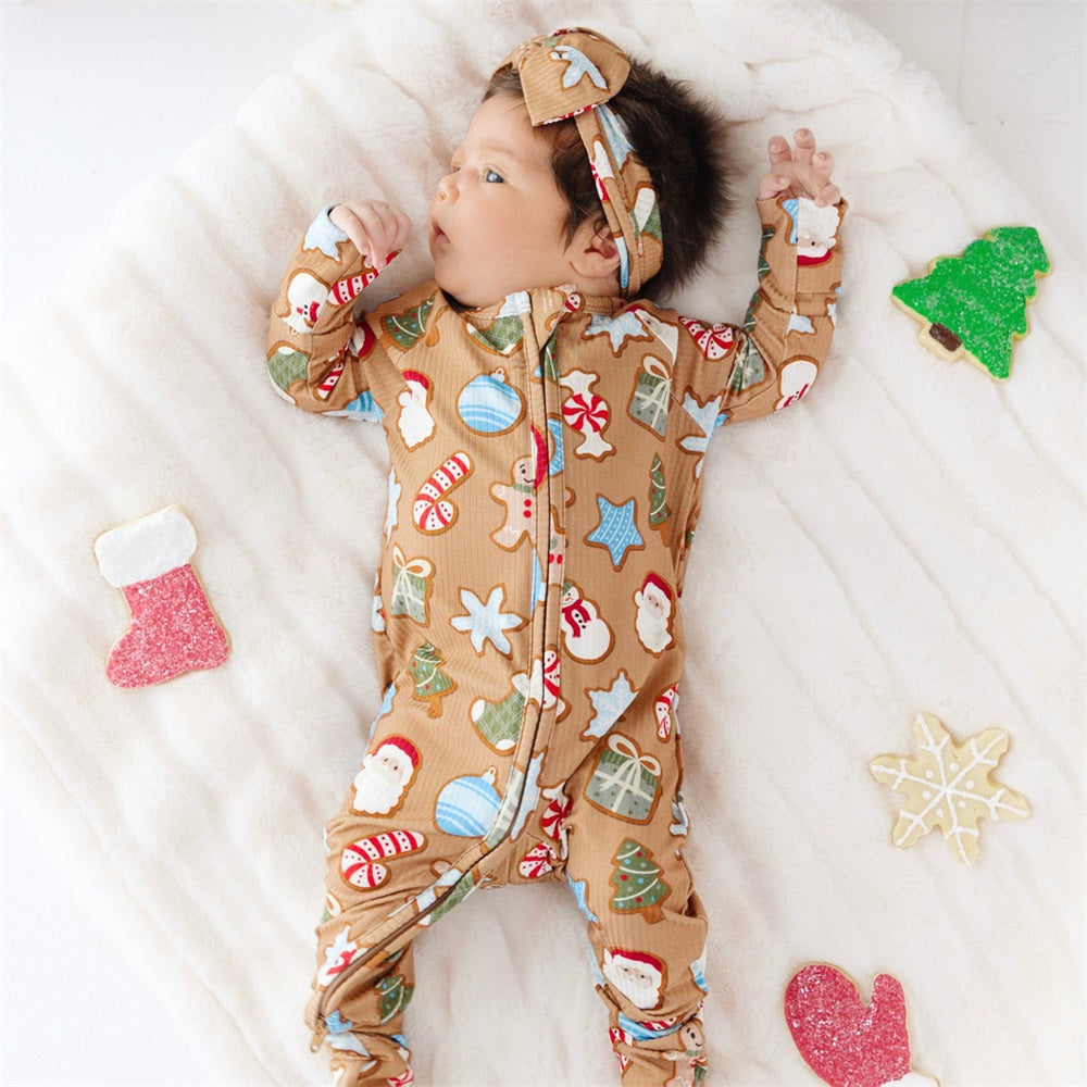 2PCS Sugar Cookies Print Ribbed Zip Baby Jumpsuit