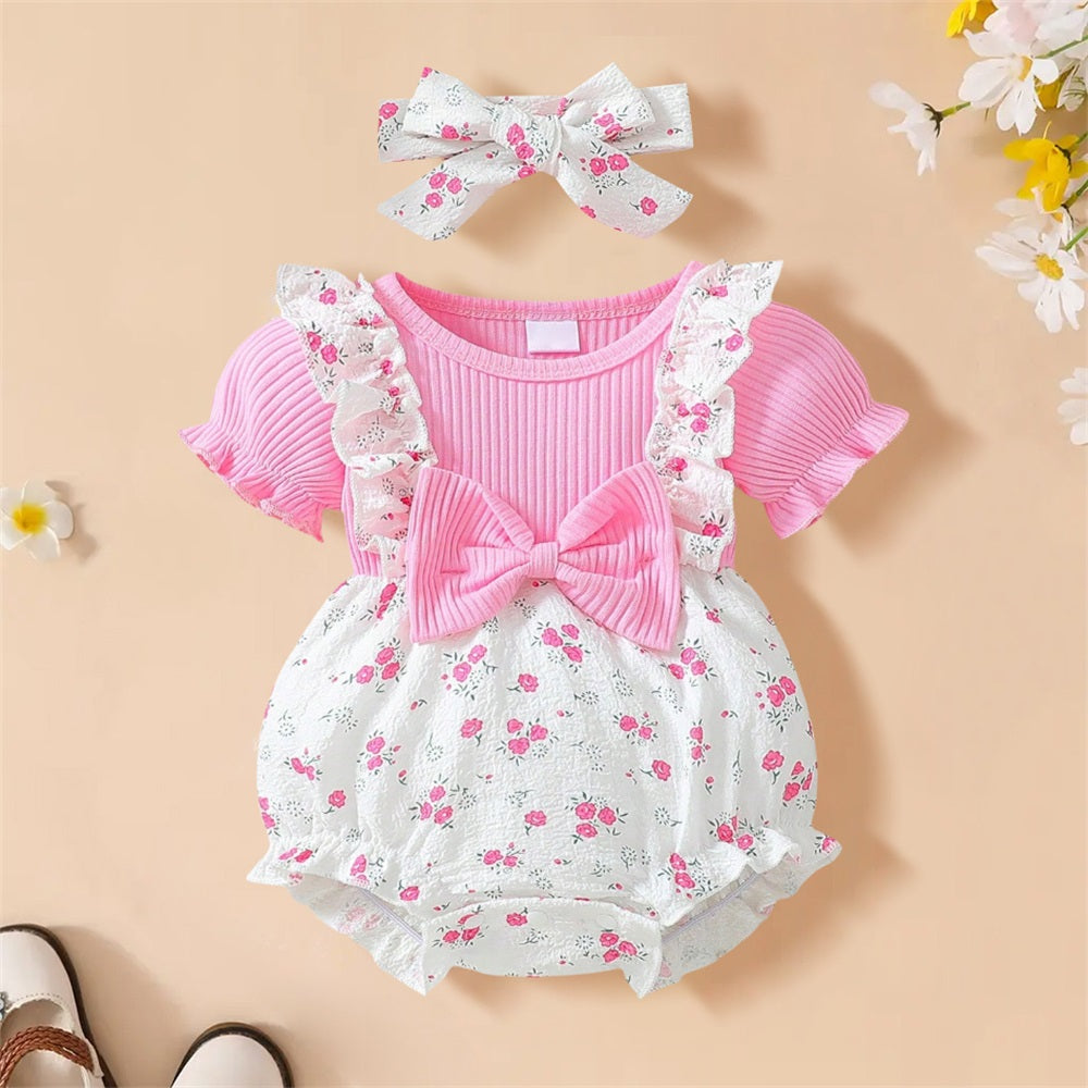 2PCS Sweet Floral Printed Bow Short Sleeve Baby Romper