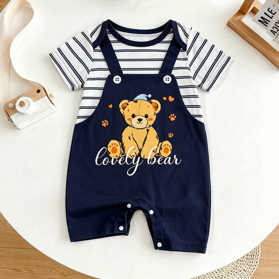 Cute Bear Stripe Print Short Sleeve Baby Jumpsuit