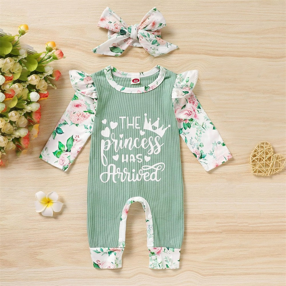 2PCS The Princess Has Arrived Letter Floral Print Baby Jumpsuit