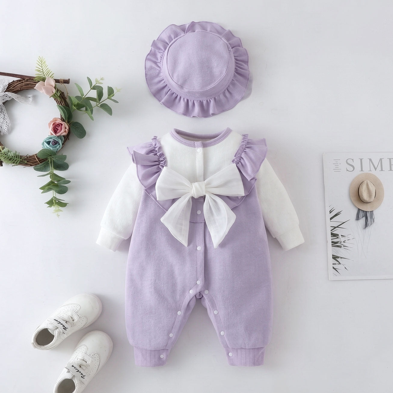 2PCS Sweet Color Block Bow Long Sleeve Baby Jumpsuit