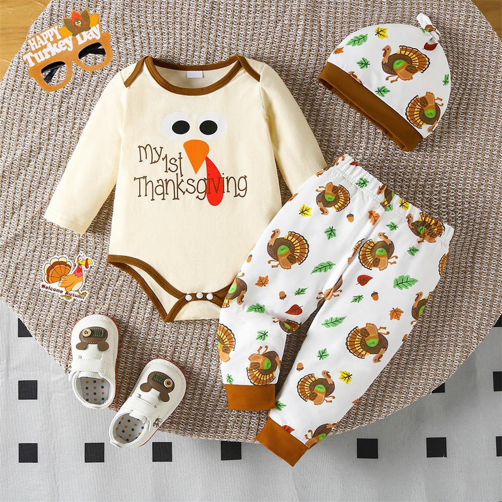 3PCS My 1st Thanksgiving Letter Turkey Print Baby Set