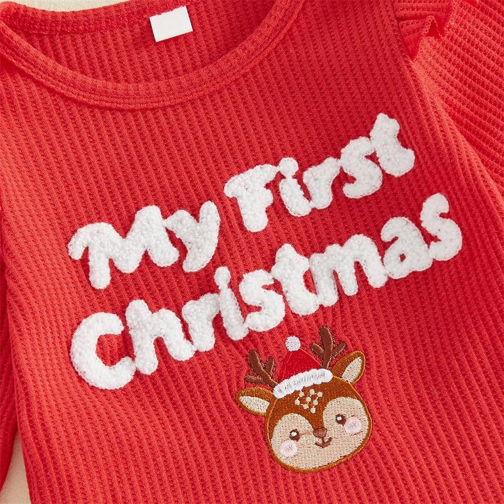 3PCS My First Christmas Letter Print Elk Applique Baby Girl Set