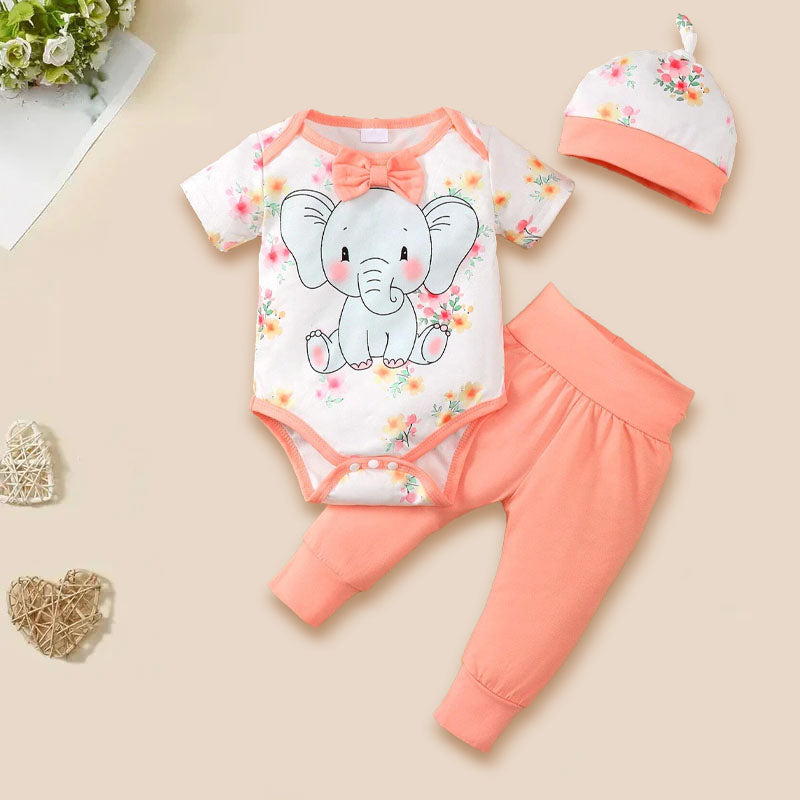 3PCS Cute Elephant Printed Short Sleeve Baby Set