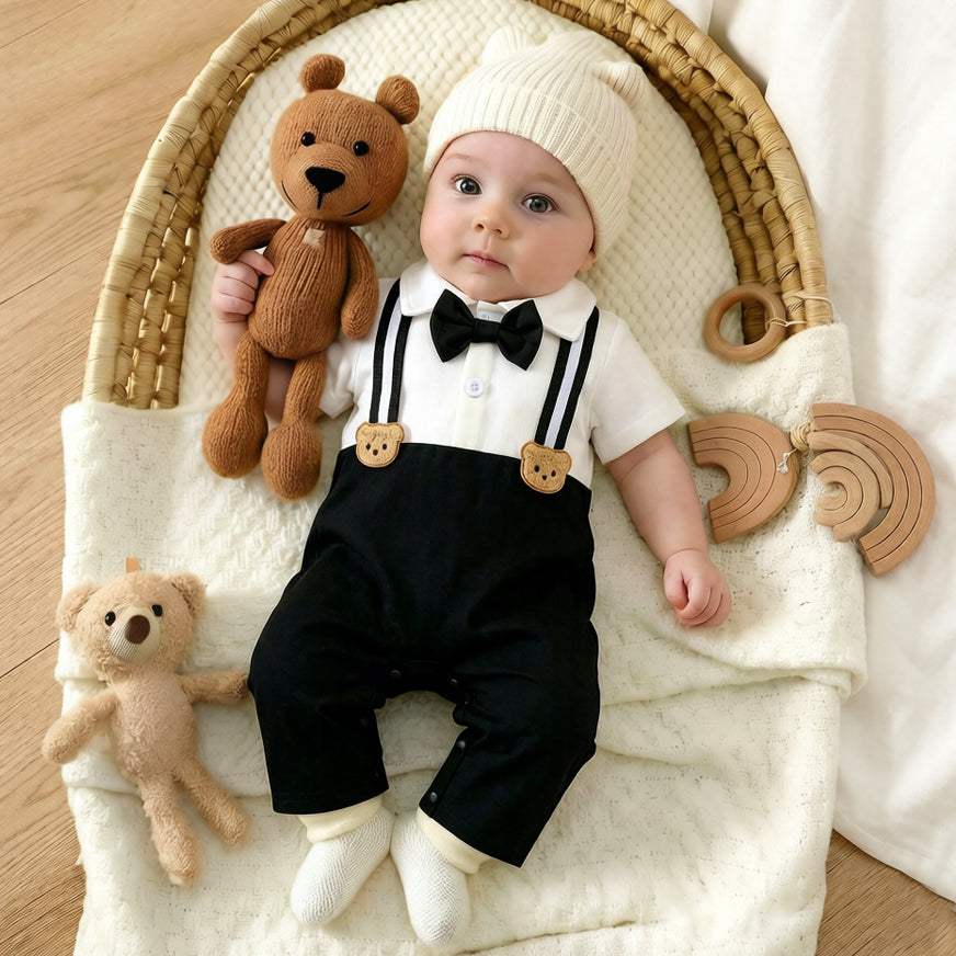Casual Bear Appliqué Short Sleeve Baby Jumpsuit