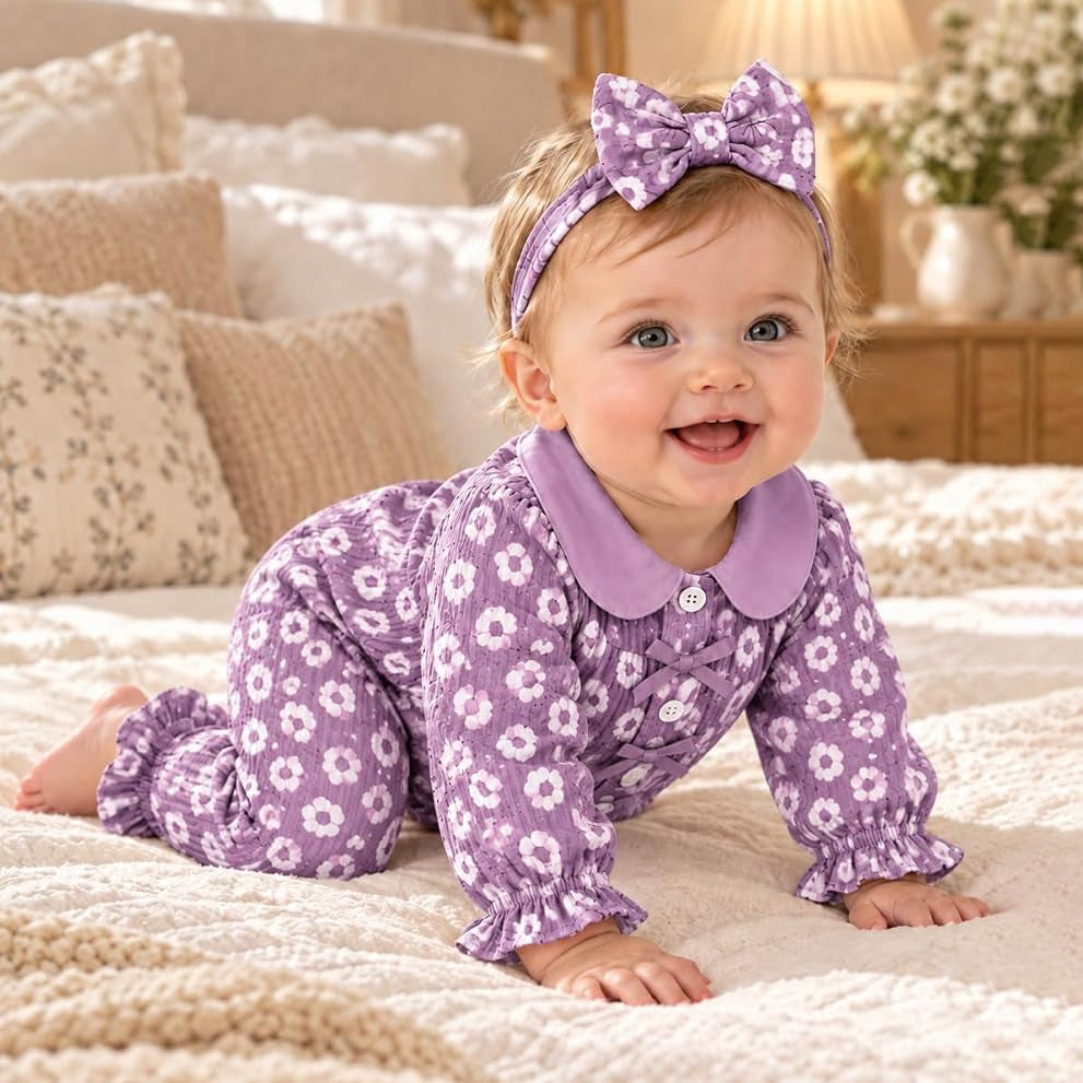 2PCS Charming Baby Girl Floral Print Bow Tie Long Sleeve Jumpsuit