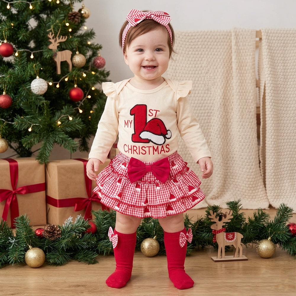 4 PCS My 1st Christmas Letter Santa Hat Plaid Print Baby Girl Set