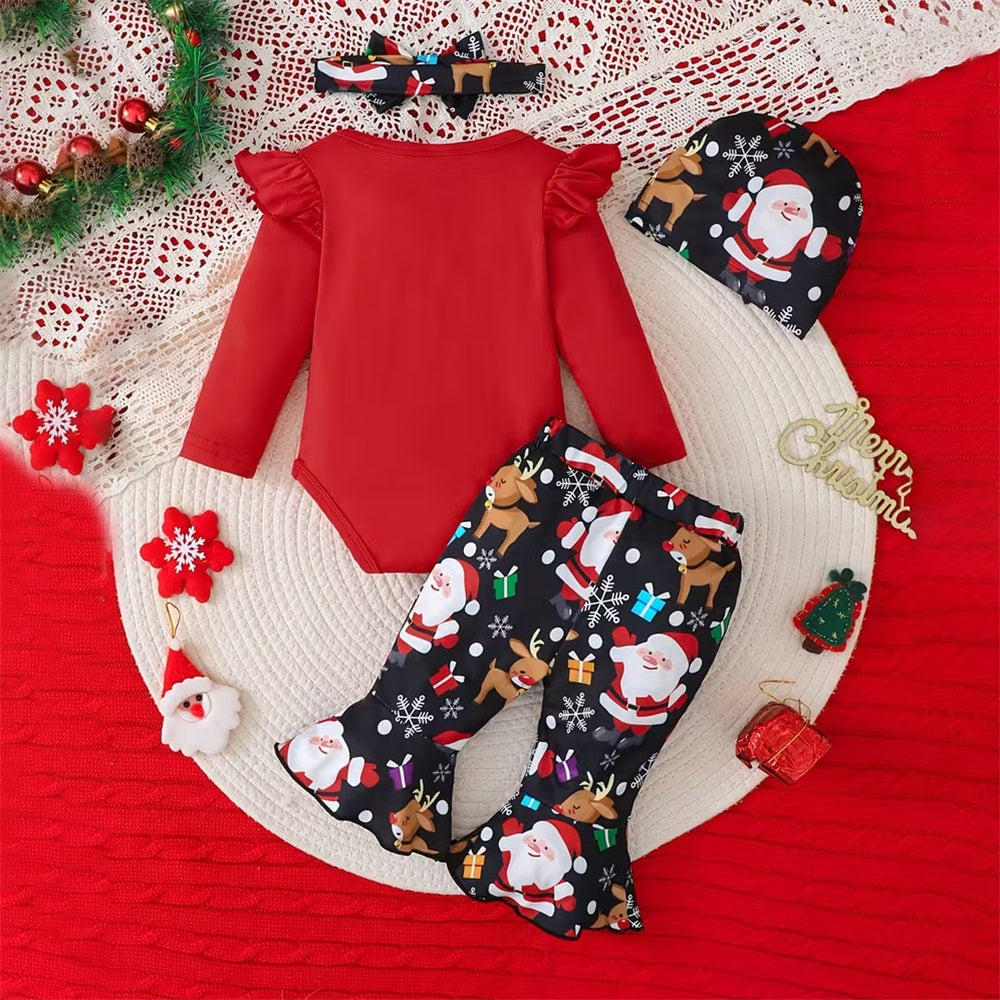 4PCS My 1st Christmas Letter Elk Print Long Sleeve Baby Set