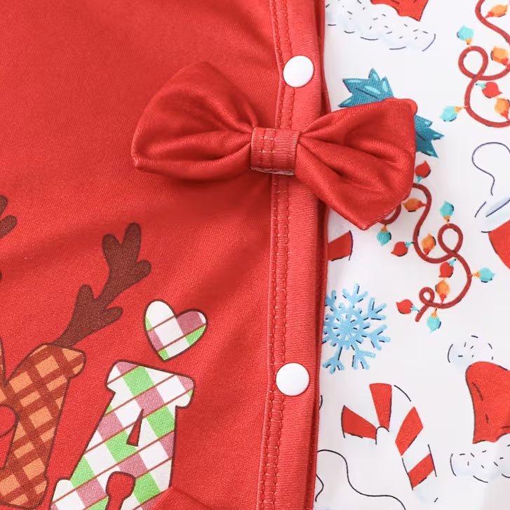 2PCS Lovely Mama Claus Letter Holiday Print Bow Baby Girl Jumpsuit