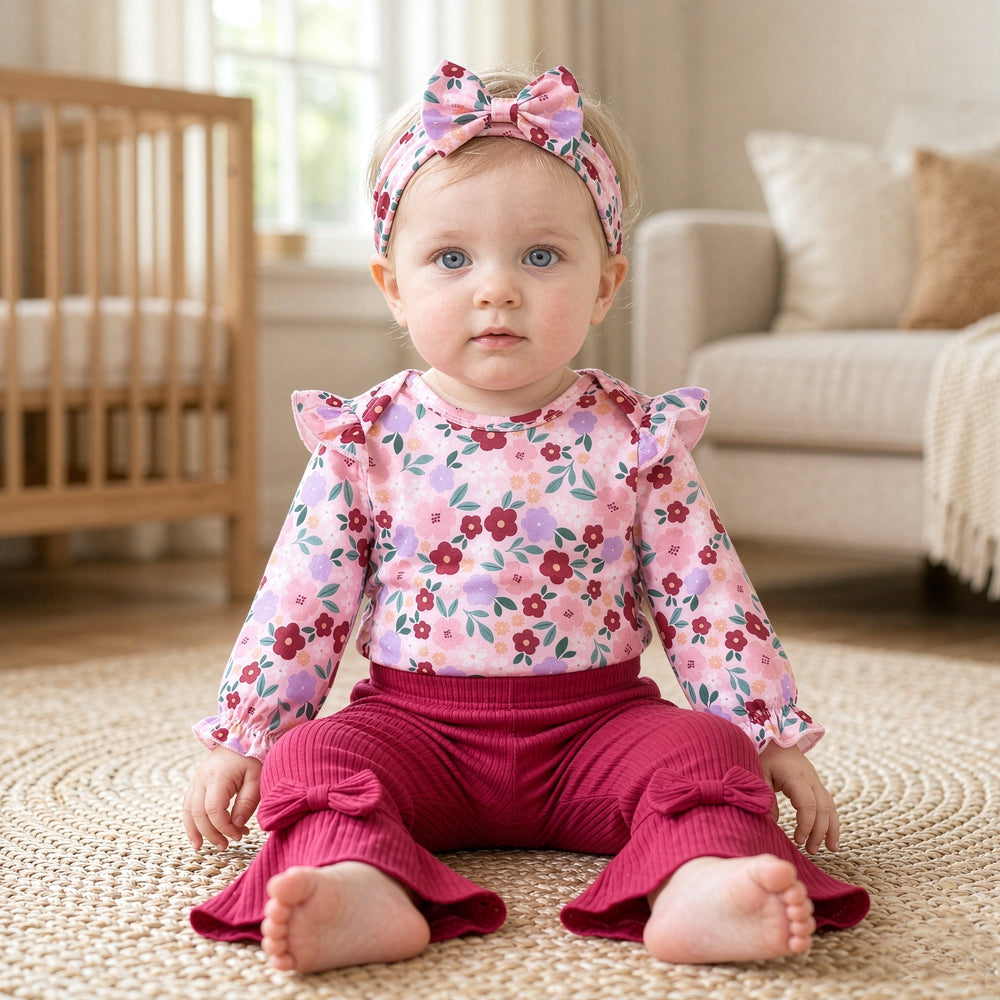 4PCS Colorful Baby Girl Floral Print Bow Long Sleeve Set
