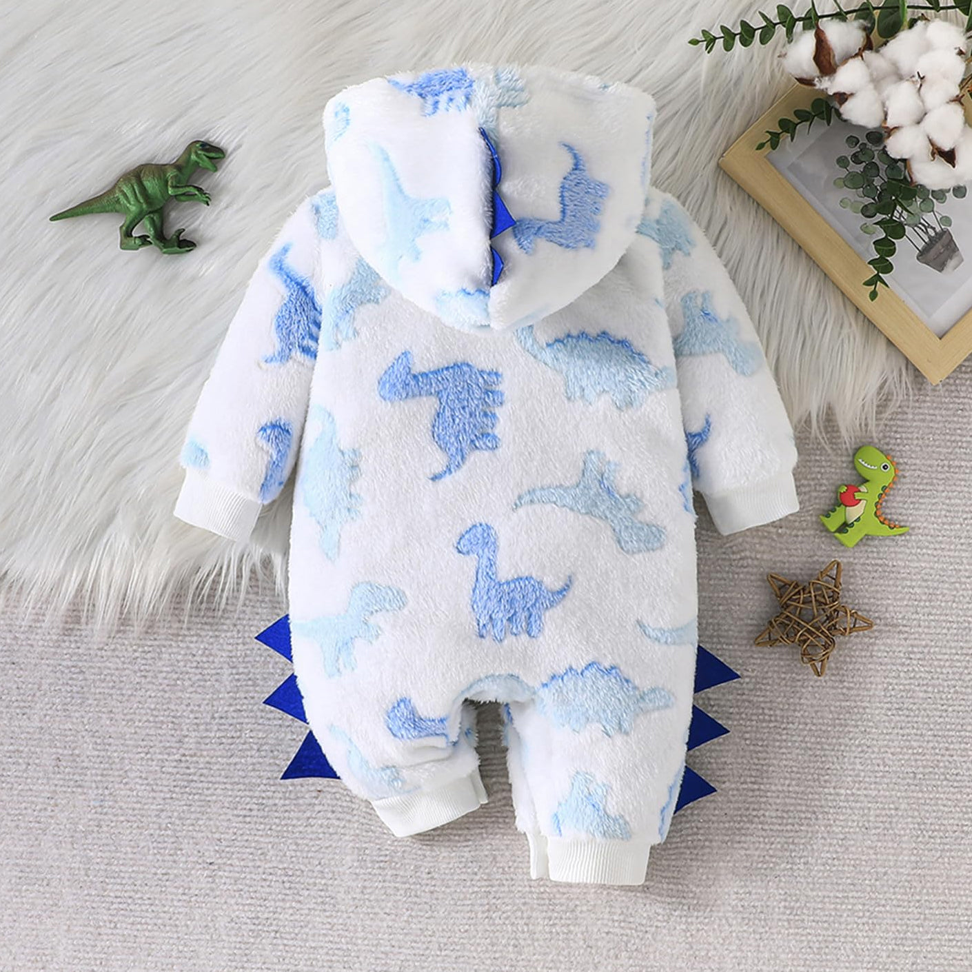 Trendy Dinosaur Pattern Plush Hooded Baby Jumpsuit