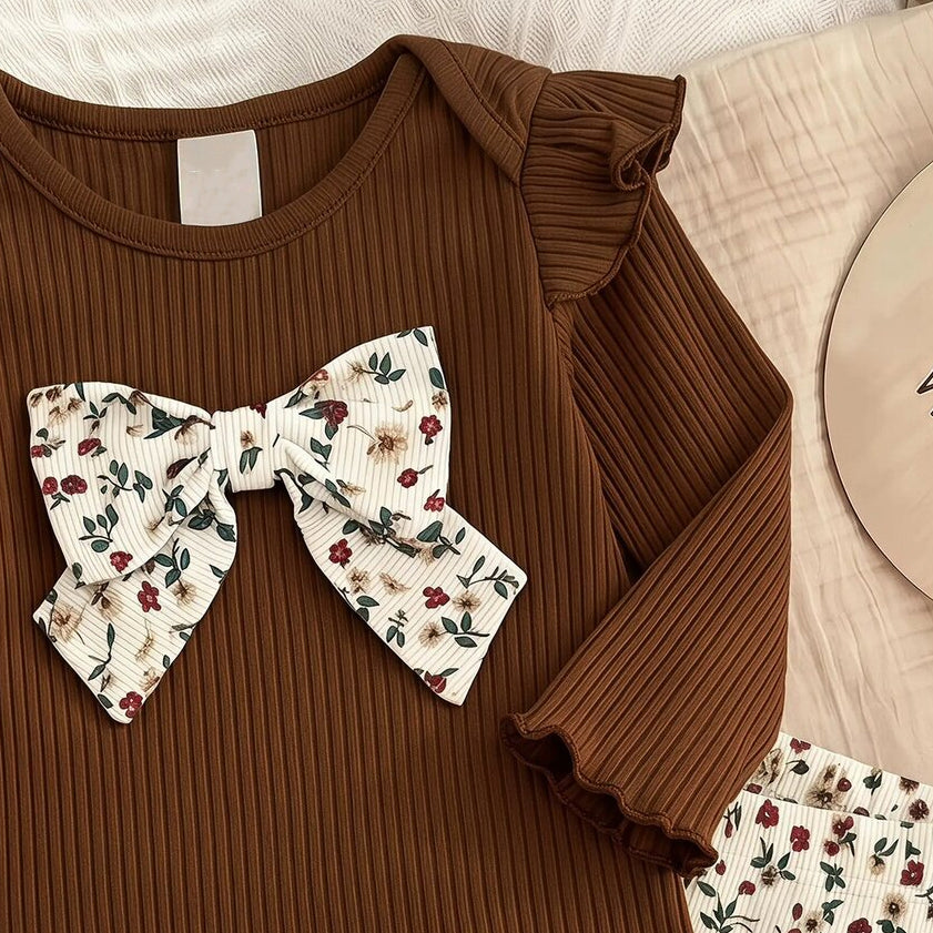 2PCS Grace Floral Print Bow Long Sleeve Baby Girl Set
