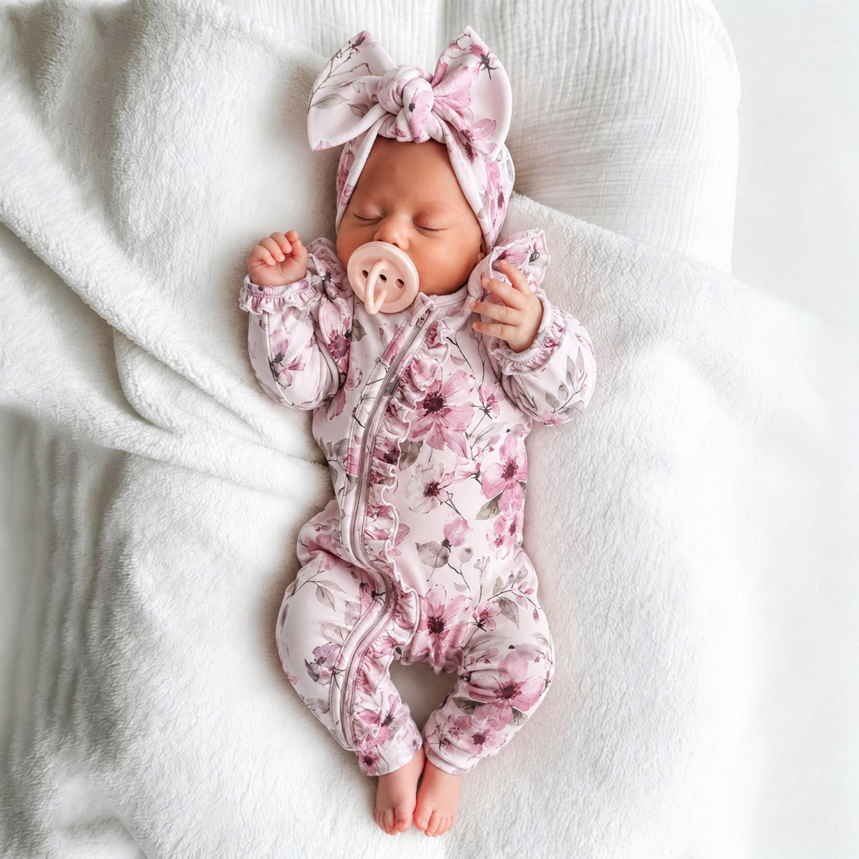 2PCS Charming Floral Print Zipper Long Sleeve Baby Girl Jumpsuit