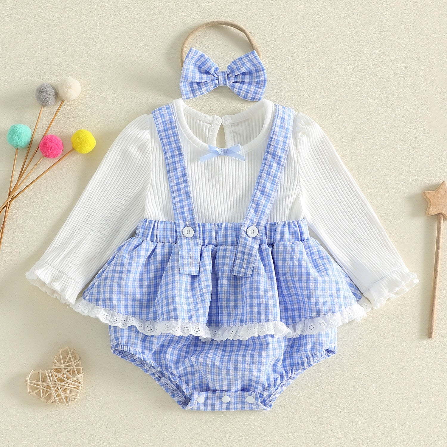 2PCS Stylish Plaid Print Eyelet Lace Long Sleeve Baby Romper