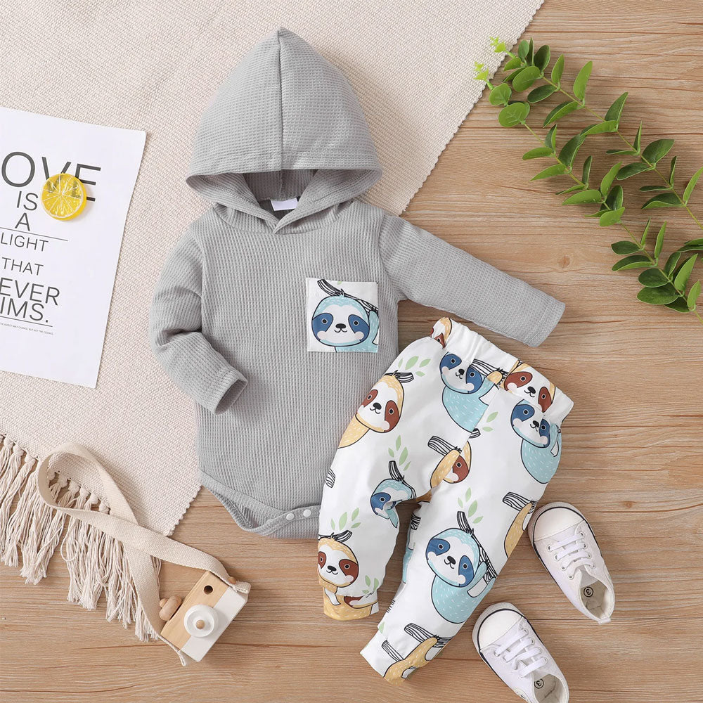 2PCS Lovely Sloth Printed Long Sleeve Hoodie Baby Set
