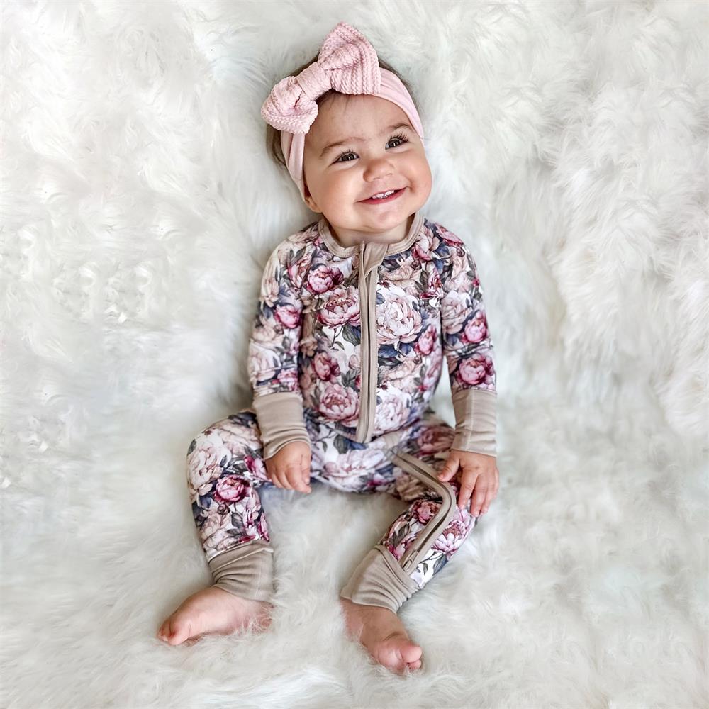 Stylish Floral Print Long Sleeve Zipper Baby Jumpsuit