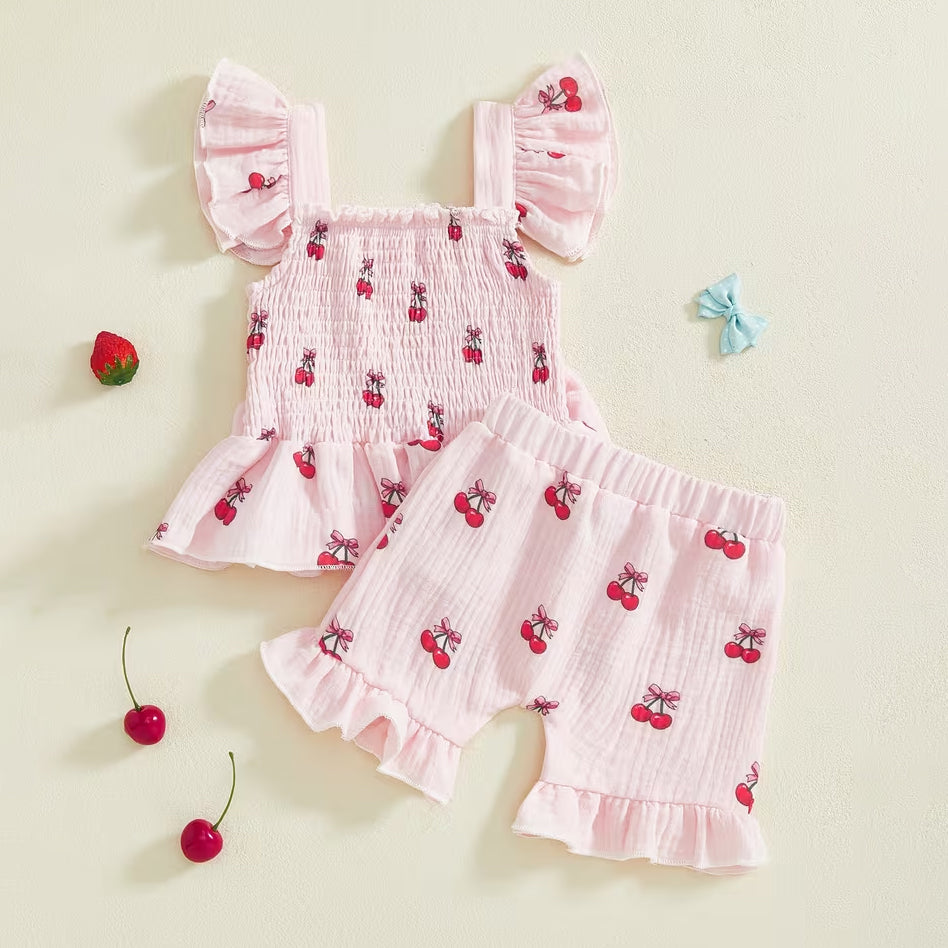 2PCS Summer Cherry Printed Ruffled Fly Sleeve Baby Set