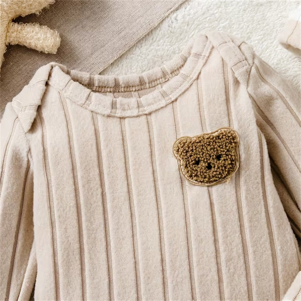 3PCS Bear Embroidery Striped Long Sleeve Baby Set