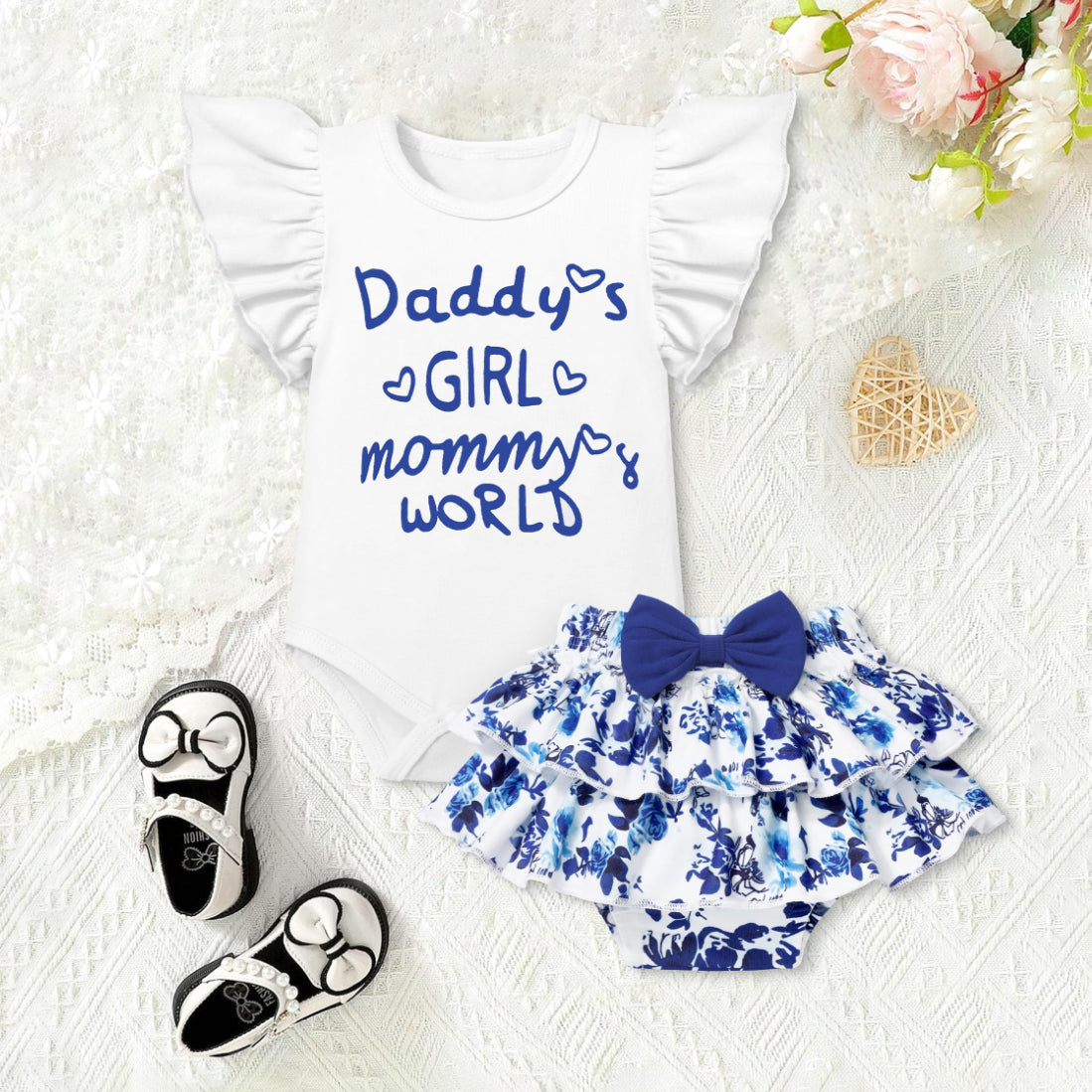 2PCS Daddy's Girl Mommy's World Letter Floral Printed Sleeveless Baby Set