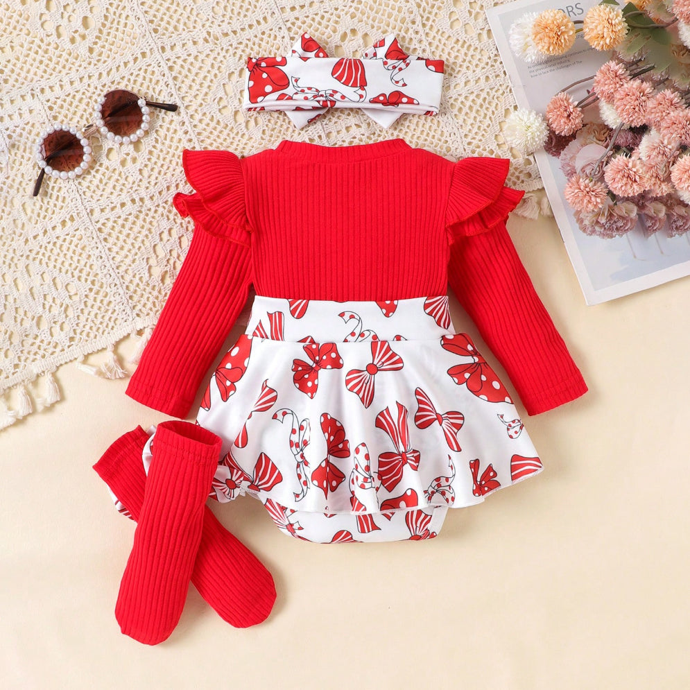 3PCS Christmas Bowknot Printed Baby Romper