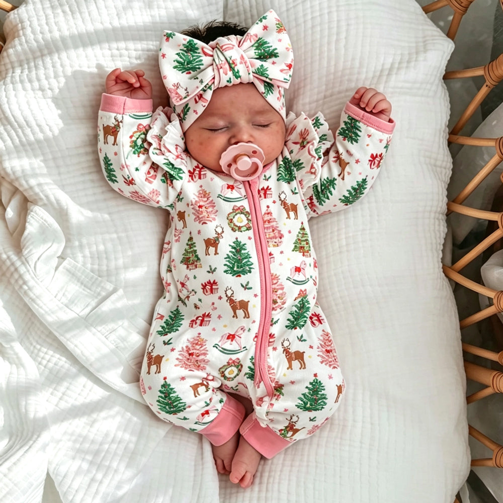 2PCS Baby Girl Christmas Print Ruffle Long Sleeve Zipper Jumpsuit