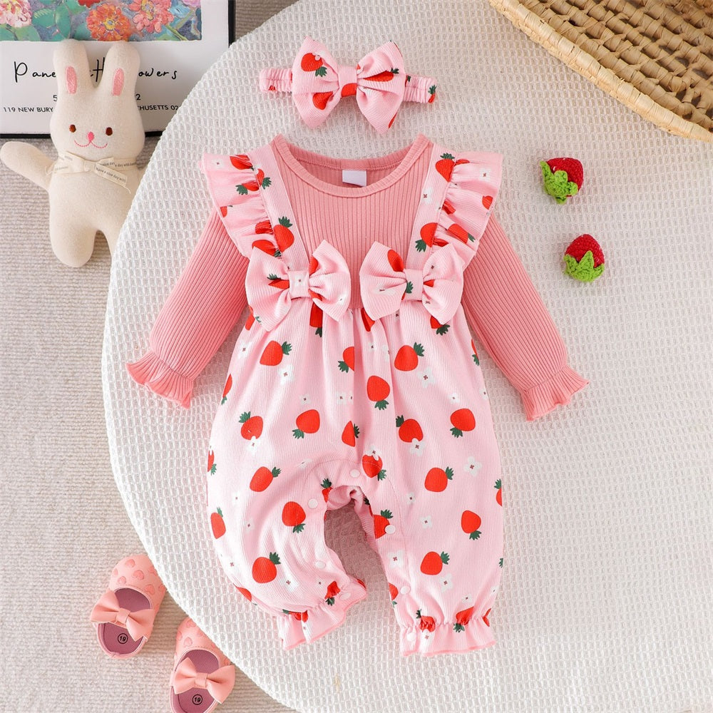 2PCS Sweet Strawberry Print Bow Long Sleeve Baby Jumpsuit