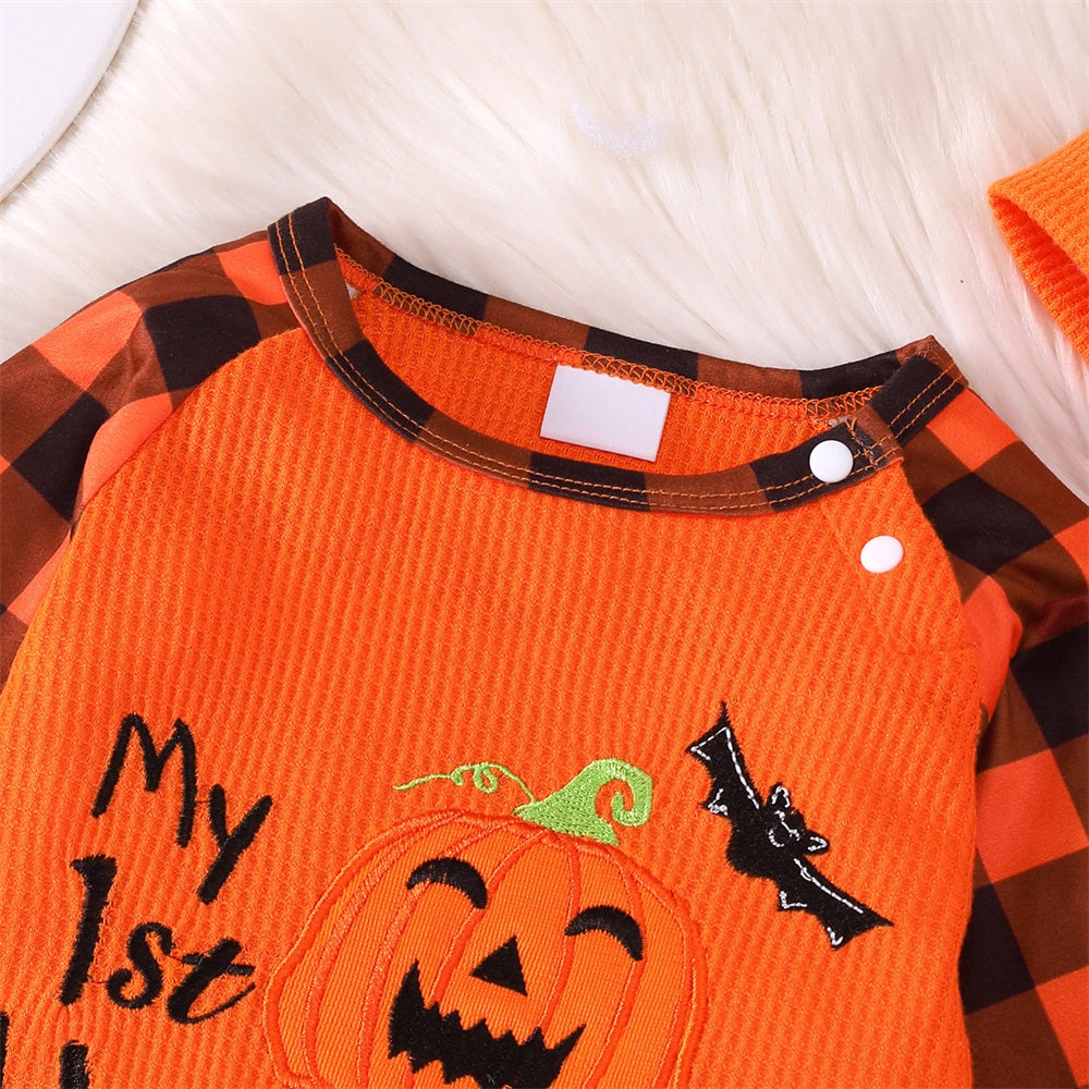2PCS My 1st Halloween Letter Embroidery Pumpkin Plaid Print Baby Jumpsuit
