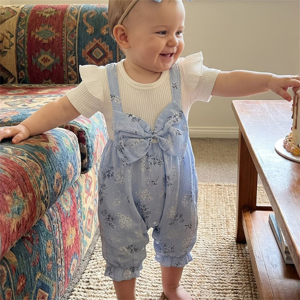 2PCS Causal Floral Printed Bow Short Sleeve Baby Jumpsuit