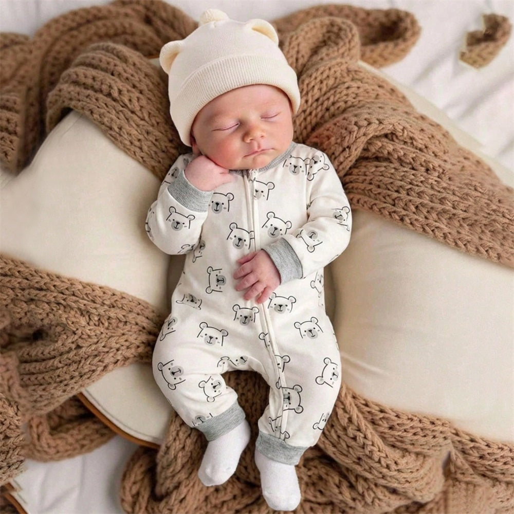 Casual Bear Printed Long Sleeve Zipper Baby Jumpsuit