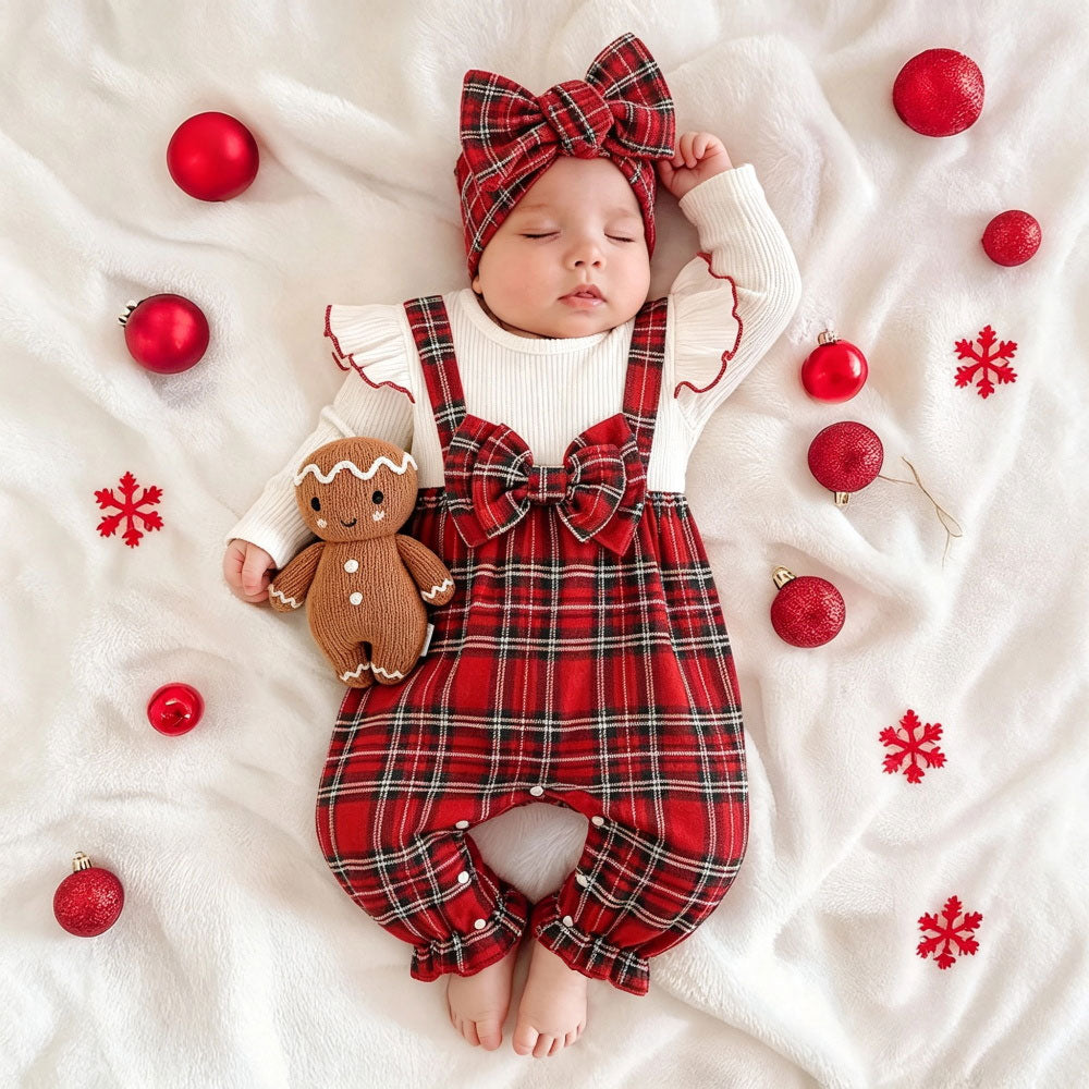 2PCS Christmas Plaid Printed Long Sleeve Bowknot Decor Baby Jumpsuit