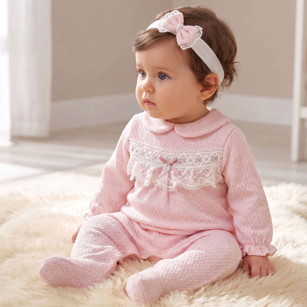 2PCS Lovely Solid Color Lace Baby Waffle Knit Jumpsuit