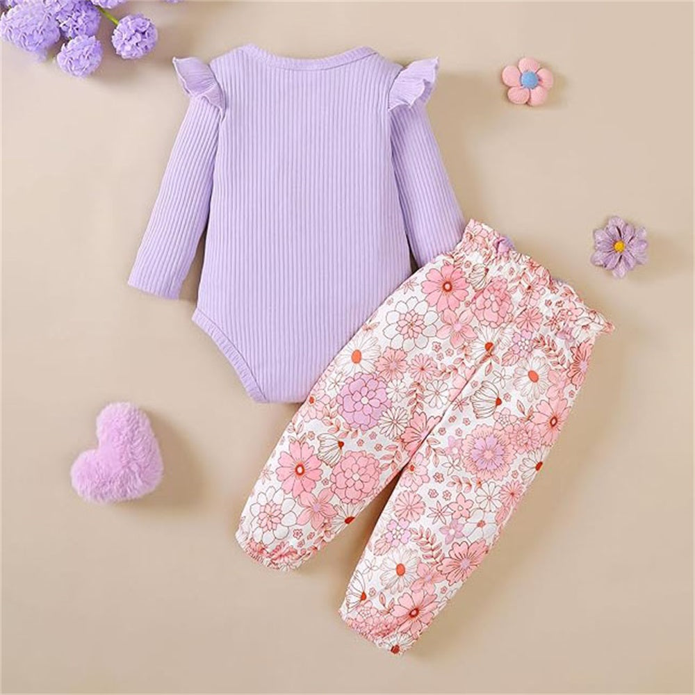 2PCS Heart Floral Printed Bow Long Sleeve Baby Set