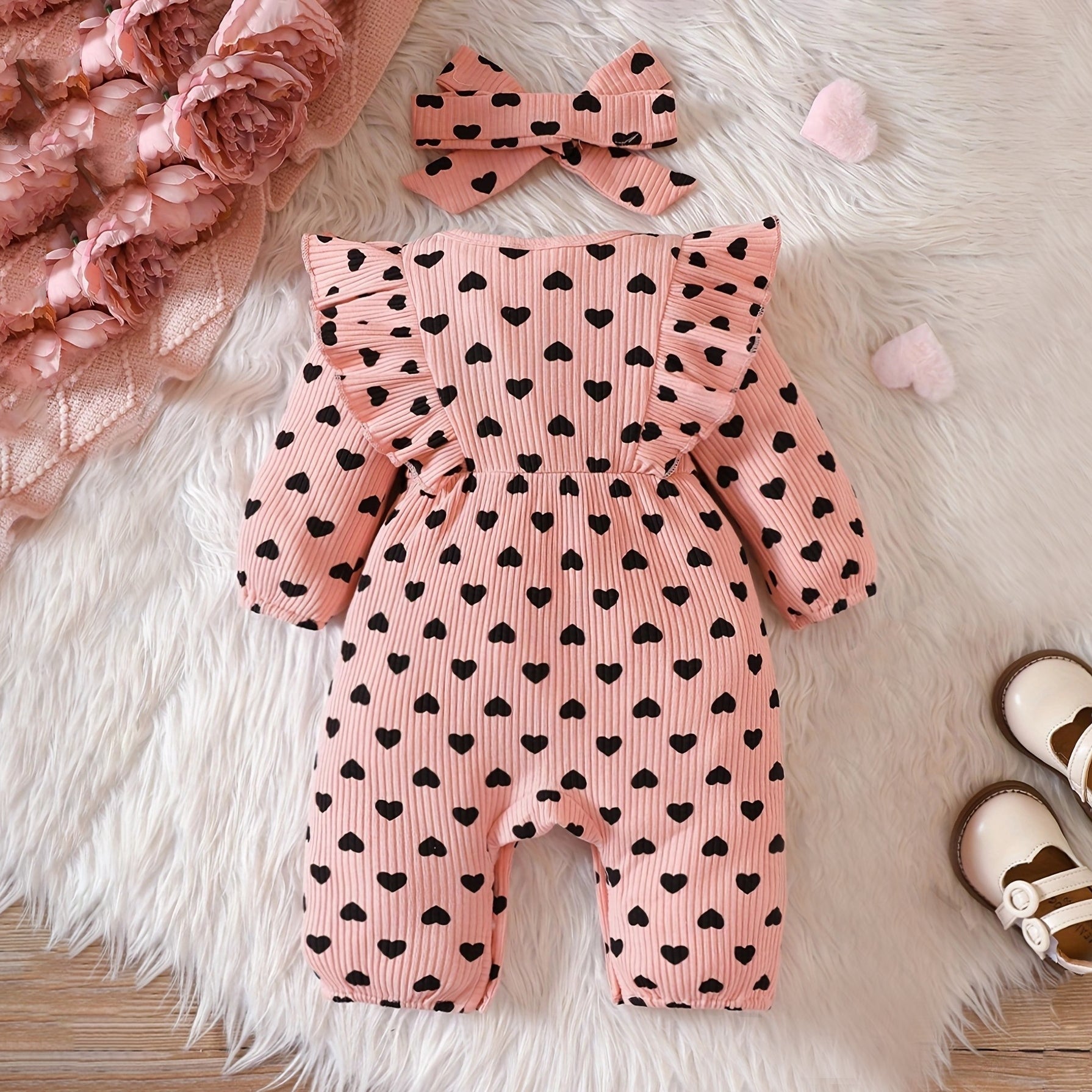 2PCS Love Heart Printed Bow Long Sleeve Baby Jumpsuit