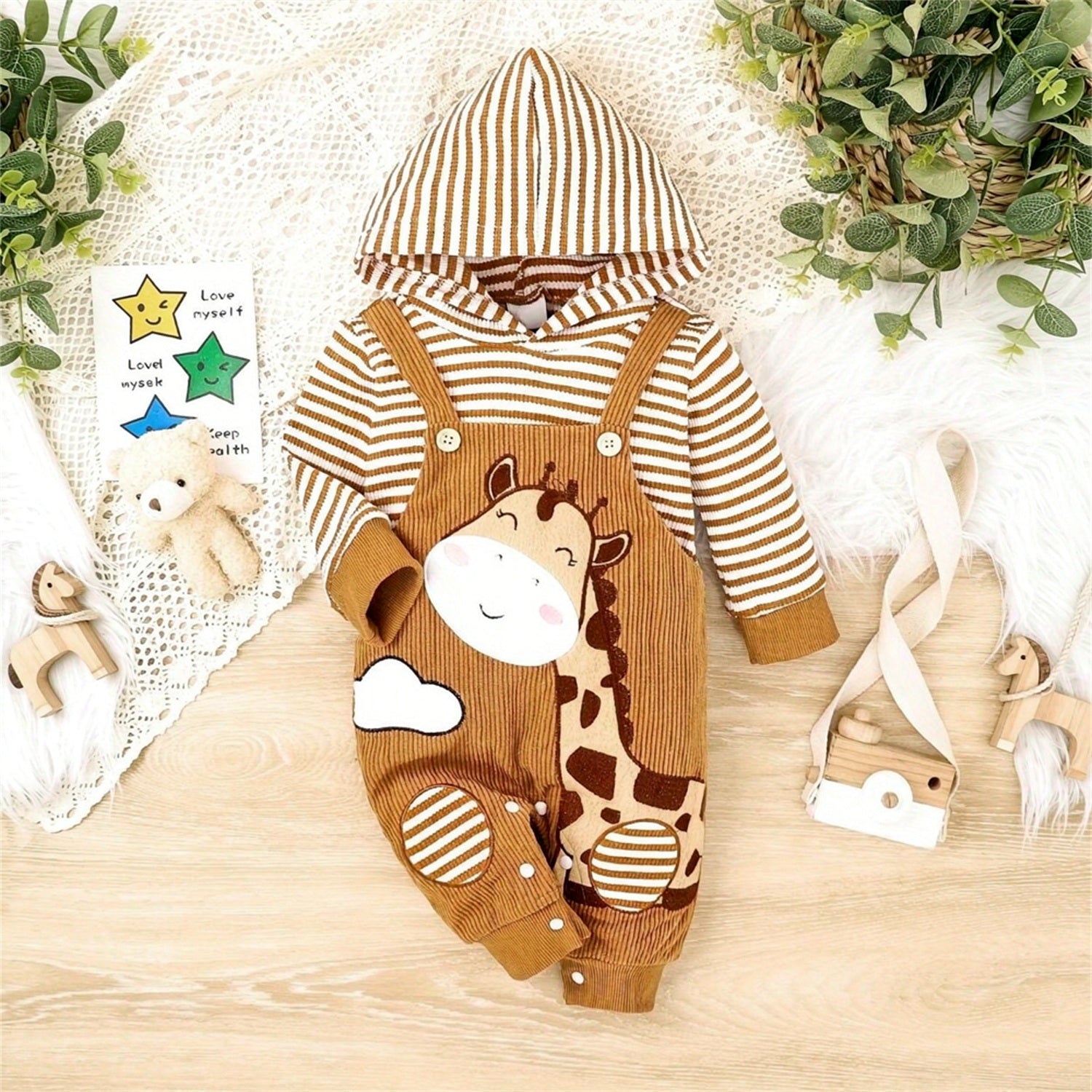 Cute Giraffe Embroidery Stripe Print Long Sleeve Hoodie Baby Jumpsuit