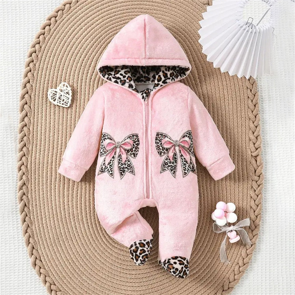 Pink Leopard Bow Print Hooded Long Sleeve Plush Baby Jumpsuit