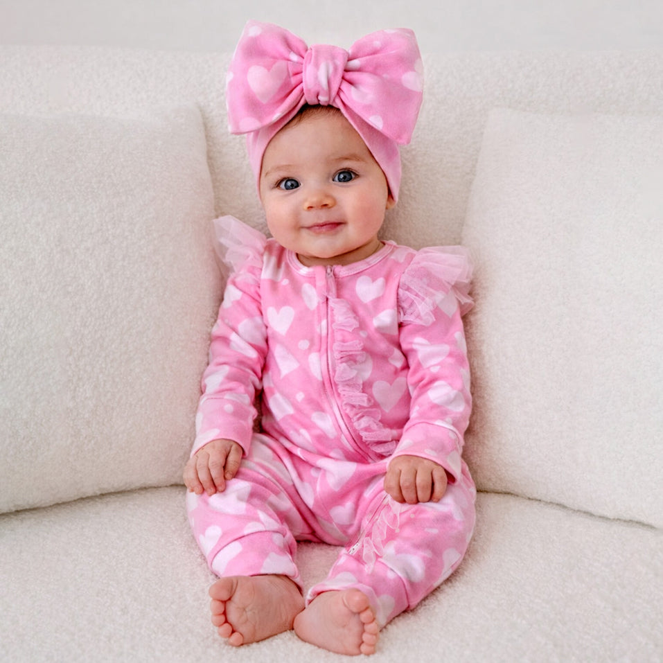 2PCS Gorgeous Heart Print Ruffle Zipper Baby Jumpsuit