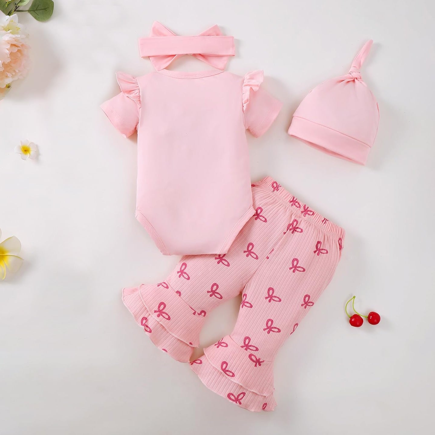 4PCS Cheerful Bow Printed Baby Girl Set