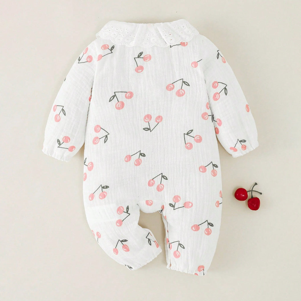 Cute Cherry Print Lace Collar Long Sleeve Baby Jumpsuit